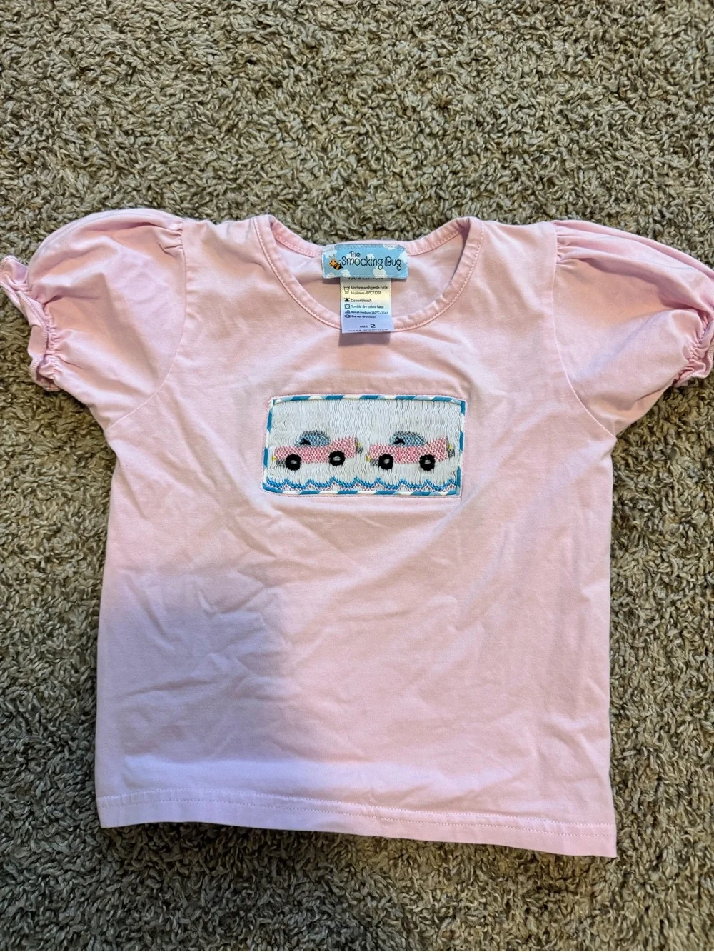 Pink Girls' Puff Sleeve Tee with Car Smocked Patch